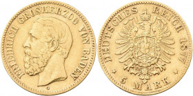 Baden: Friedrich I. 1852-1907: 5 Mark 1877 G, Jaeger 185. 1,94 g, 900/1000 Gold. Kratzer, sehr schön+.
 [differenzbesteuert]