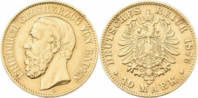 Baden: Friedrich I. 1852-1907: 10 Mark 1876 G, Jaeger 186. 3,91 g, 900/1000 Gold. Kratzer, gereinigt, sehr schön.
 [zzgl. 0 % MwSt.]