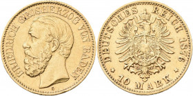 Baden: Friedrich I. 1852-1907: 10 Mark 1876 G, Jaeger 186. 3,91 g, 900/1000 Gold. Kratzer, Randfehler, sehr schön.
 [zzgl. 0 % MwSt.]