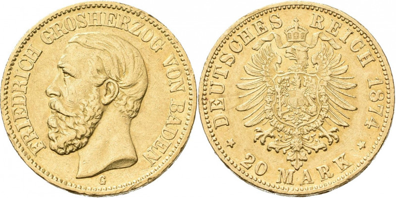 Baden: Friedrich I. 1852-1907: 20 Mark 1874 G, Jaeger 184. 7,91 g, 900/1000 Gold...