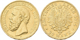 Baden: Friedrich I. 1852-1907: 20 Mark 1874 G, Jaeger 184. 7,91 g, 900/1000 Gold. Kratzer, Randschäden, sehr schön+.
 [zzgl. 0 % MwSt.]