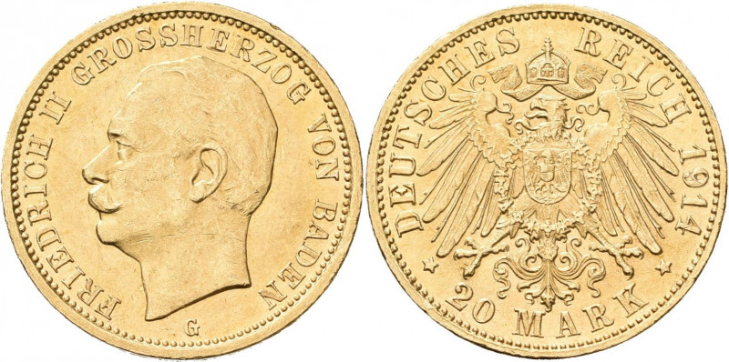 Baden: Friedrich II. 1907-1918: 20 Mark 1914 G, Jaeger 192. 7,95 g, 900/1000 Gol...