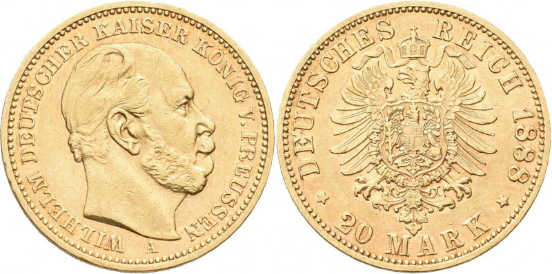 Preußen: Wilhelm I. 1861-1888: 20 Mark 1888 A, Jaeger 246. 7,92 g, 900/1000 Gold...