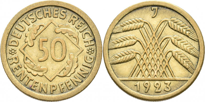 Weimarer Republik: 50 Rentenpfennig 1923 J, Jaeger 310, sehr selten, vorzüglich....