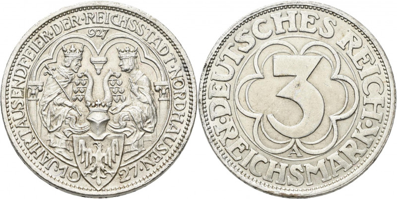 Weimarer Republik: 3 Reichsmark 1927 A, Nordhausen, Jaeger 327, vorzüglich.
 [d...