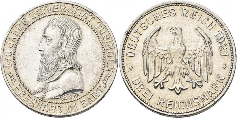 Weimarer Republik: 3 Reichsmark 1927 F, Universität Tübingen / Eberhard im Bart,...