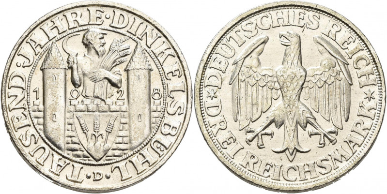 Weimarer Republik: 3 Reichsmark 1928 D, Dinkelsbühl, Jaeger 334, feine Kratzer, ...