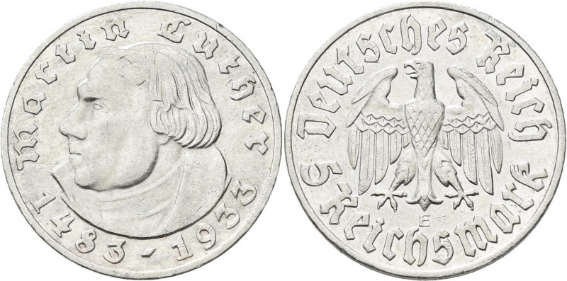 Drittes Reich: 5 Reichsmark 1933 E, Luther, Jaeger 353, Kratzer, sehr schön - vo...