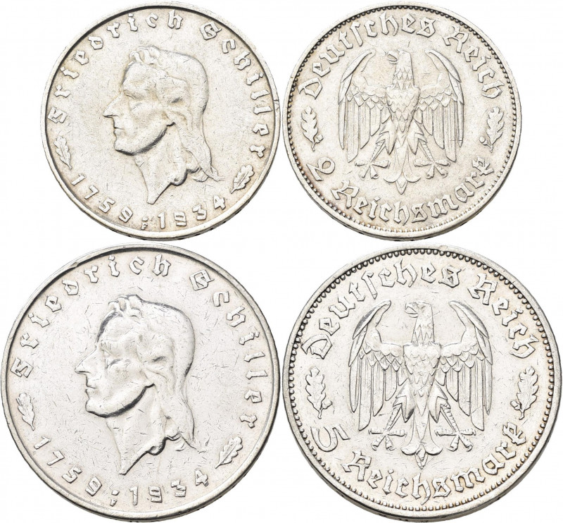 Drittes Reich: 2 Reichsmark 1934 F, Schiller, Jaeger 358, dazu 5 Reichsmark 1934...