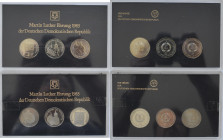 DDR: 2 Sets Martin Luther Ehrung mit je 3 Münzen, dabei auch 1 x 5 Mark 1983, Wartburg bei Eisenach, Jaeger 1586, Auflage Nur 21.000 Ex., Stempelglanz...