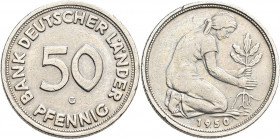 Bundesrepublik Deutschland 1948-2001: 50 Pfennig 1950 G, Bank Deutscher Länder, Jaeger 379, kleiner Randfehler, sehr schön.
 [differenzbesteuert]
