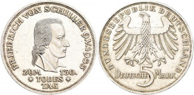 Bundesrepublik Deutschland 1948-2001: 5 DM 1955 F, Friedrich Schiller, Jaeger 389. Kratzer, angelaufen, sehr schön.
 [differenzbesteuert]