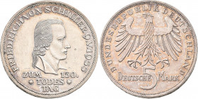 Bundesrepublik Deutschland 1948-2001: 5 DM 1955 F, Friedrich Schiller, Jaeger 389. Kratzer, sehr schön - vorzüglich.
 [differenzbesteuert]