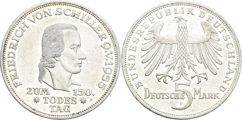 Bundesrepublik Deutschland 1948-2001: 5 DM 1955 F, Friedrich Schiller, Jaeger 38...