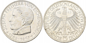 Bundesrepublik Deutschland 1948-2001: 5 DM 1957 J, Freiherr von Eichendorff, Jaeger 391. Feine Kratzer, vorzüglich.
 [differenzbesteuert]