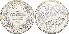 Deutsch-Neuguinea: 1 Neu-Guinea Mark 1894 A, Paradiesvogel, Jaeger 705, Kratzer, Randfehler, sehr schön.
 [differenzbesteuert]