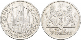Danzig: 5 Gulden 1923. Marienkirche. Jaeger D9. 24,96 g. Kratzer, kleine Randschäden, sehr schön+.
 [differenzbesteuert]