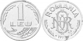 Proben & Verprägungen: Rumänien, 1 Leu 1992, BNR. Kleinformat Probe in Aluminium, 18,8 mm, 1,11 g. Schäffer P 321-2.
 [differenzbesteuert]
