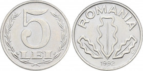 Proben & Verprägungen: Rumänien, 5 Lei 1992, Eichenlaub. Probe in vernickeltem Stahl, 21 mm, 3,31 g. Schäffer P 326-3.
 [differenzbesteuert]