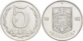 Proben & Verprägungen: Rumänien, 5 Lei 1992, Wappen. Probe in vernickeltem Stahl, 21 mm, 3,32 g. Schäffer P 332-2.
 [differenzbesteuert]
