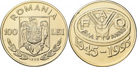 Proben & Verprägungen: Rumänien, 100 Lei 1995, FAO 1945-1995. Probe in vergoldeten Bronze, 37 mm, 21,1 g. Schäffer P 347-1.
 [differenzbesteuert]