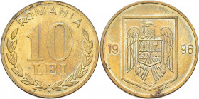 Proben & Verprägungen: Rumänien, 10 Lei 1996, Wappen. Probe in verkupfertem Stahl, 23 mm, 4,60 g. Schäffer P 350-1. Sehr selten !
 [differenzbesteuer...