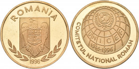 Proben & Verprägungen: Rumänien, Ohne Nominal aber 100 Lei 1996, UNICEF 1946-1996, RS Wappen. Probe in vergoldeter Bronze, 37 mm, 22,39 g. Schäffer P ...