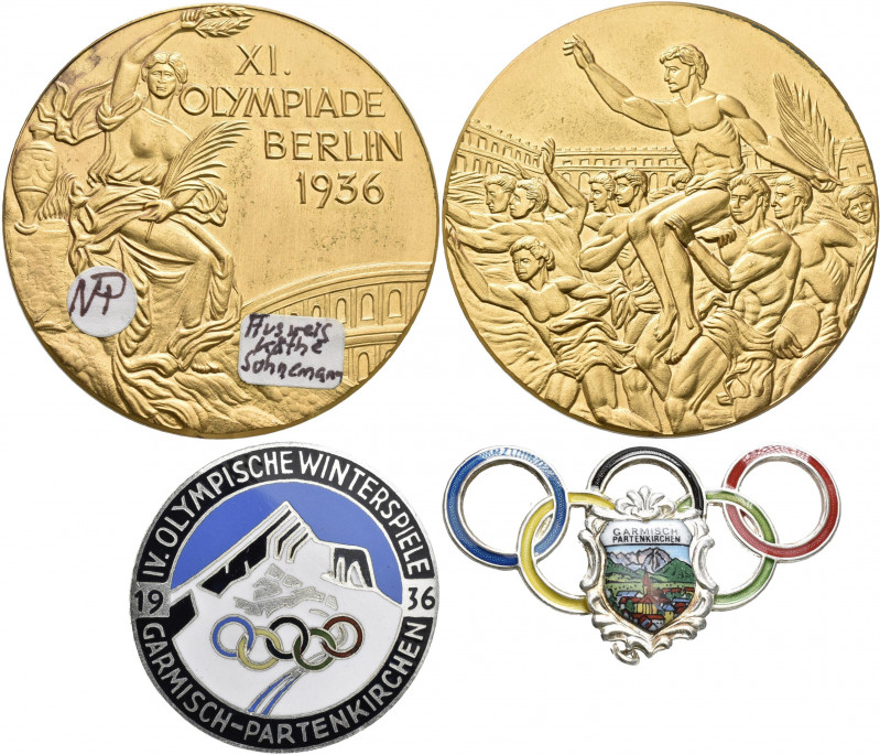 Medaillen Deutschland: Olympia: Lot 3 PINs/Abzeichen und 1 Medaille Olympiade 19...