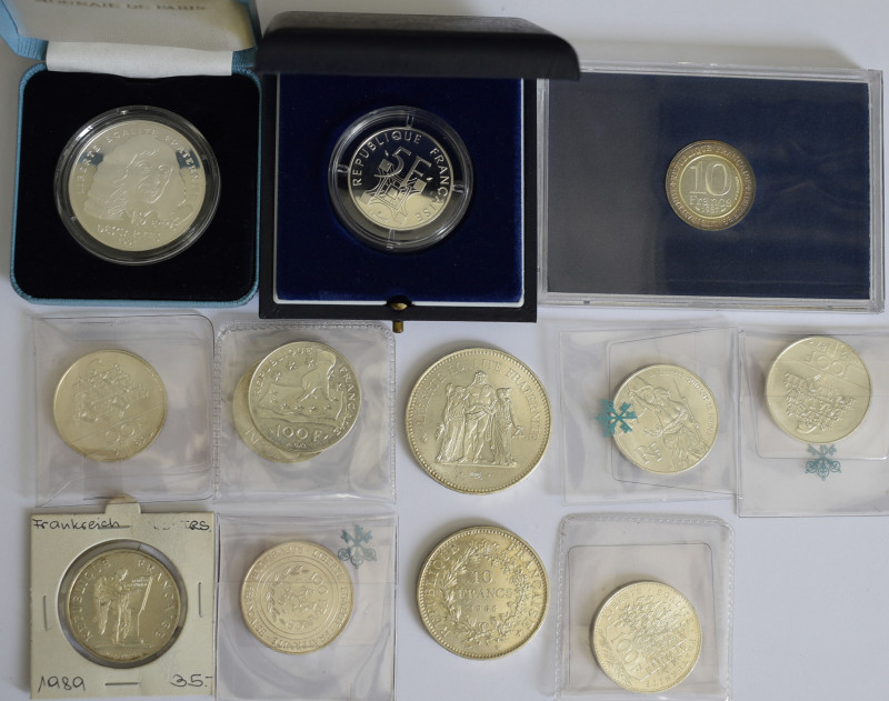 Frankreich: Kleines Lot mit 13 Silbermünzen von 10 - 100 Franc.
 [zzgl. 7 % Imp...