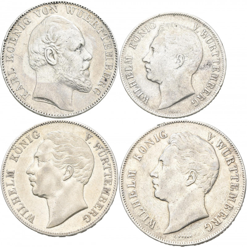 Württemberg: Lot 4 Stück, dabei: 1 Gulden 1843 (s-ss), Zwey Gulden 1846 (ex Henk...