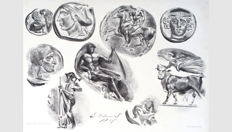 Eugène Delacroix (1798-1863). Sheet of nine greek coins. 1825. Lithograph. 30x21...