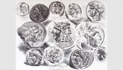 Eugène Delacroix (1798-1863). Sheet of twelve greek coins. 1825. Lithograph. 30x24cm. Signed and dated in stone. Printed by Bertauts, published by L'A...