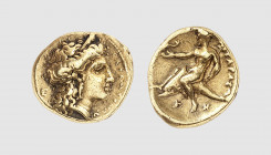 Calabria. Tarentum. Alexander the Molossian. 334-332 BC. AV Hemistater (4.21g, 3h). Fischer-Bossert G7.y (this coin); Kraay-Hirmer 317. Very rare. Old...