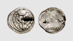 Sicily. Zancle. 491-490 BC. AR Tetradrachm (17.16g, 6h). Barron 12; Cohen 2.1. Very rare. Lightly toned. Ancient test cut on obverse. A coin of great ...
