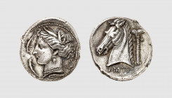 Sicily. Carthaginian occupation. Uncertain mint. 350-320 BC. AR Tetradrachm (17.07g, 1h). Jenkins 170 (these dies); SNG Lockett 1053. Old cabinet tone...