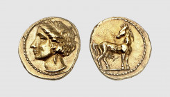 Zeugitana. Carthage. 350-320 BC. AV 1/5 Stater (1.44g, 1h). Jenkins-Lewis 134; SNG Copenhagen 131. Lightly toned. Perfectly centered and struck on a b...