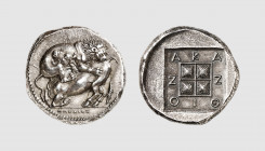 Macedon. Acanthus. 370-360 BC. AR Tetradrachm (14.48g, 10h). Desneux 150 (same dies); Tselekas 394b (this coin). Old cabinet tone. Of superb, late cla...