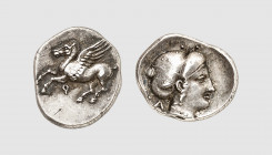 Corinthia. Corinth. 350-320 BC. AR Drachm (2.76g, 3h). BCD 159; SNG Lockett 2164. Old cabinet tone. A lovely coin of particularly fine style. Choice e...