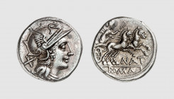 Republic. Pinarius Natta. Rome. 149 BC. AR Denarius (3.53g, 1h). Crawford 200.1; Sydenham 382. Old cabinet tone. Good very fine. From a private collec...