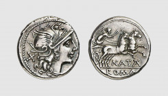 Republic. Pinarius Natta. Rome. 149 BC. AR Denarius (3.66g, 1h). Crawford 208.1; Sydenham 380. Old cabinet tone. Good very fine. From a private collec...