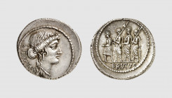Republic. M. Junius Brutus. Rome. 54 BC. AR Denarius (4.02g, 3h). Crawford 433.1; Sydenham 906a. Old cabinet tone. Struck on a very broad flan. Choice...