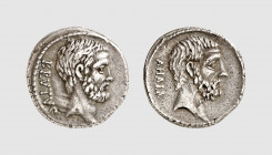 Republic. M. Junius Brutus. Rome. 54 BC. AR Denarius (3.77g, 6h). Crawford 433.2; Sydenham 907. Old cabinet tone. A lovely coin with two superb portra...