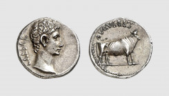 Empire. Augustus. Pergamum or Samos. 21-20 BC. AR Denarius (4.03g, 1h). RIC 475; Tradart 4.35 (this coin). Very rare. Old cabinet tone. Perfectly cent...