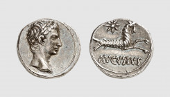 Empire. Augustus. Colonia Patricia. 18-17 BC. AR Denarius (3.88g, 1h). RIC 542; Tradart 4.31 (this coin). Very rare. Old cabinet tone. Exceptional for...
