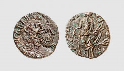 Empire. Postumus. Gaul. Late 3rd century AD. Æ Quinarius (1.19g, 3h). Barbarous imitation from an irregular mint. Very rare. Charming brown patina. Go...