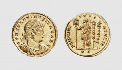 Empire. Constantine II. Treveri. AD 335-336. AV Solidus (4.42g, 6h). Cohen 149; RIC 573. Lightly toned. Lovely portrait. Choice extremely fine. From a...