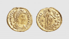 Empire. Constantius III. Ravenna. AD 421. AV Solidus (4.48g, 1h). Cohen 1; RIC 1325. Very rare. Lightly toned. Light scratches on cheek, otherwise, ch...
