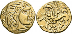 Northeast Gaul. Parisii. 2nd century BC. Stater (Gold, 20.5 mm, 7.21 g, 2 h), Class II. Celticized head of Apollo to right, with wavy hair and a flora...