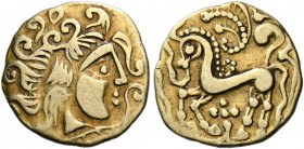 Northeast Gaul. Northeast Gaul. Parisii. Circa 60-52 BC. Quarter Stater (Gold, 14 mm, 1.65 g, 3 h), "au décor en dents de loup" type. Celticized head ...