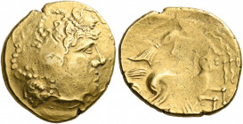 Northwest Gaul. Andecavi. Circa 120-50 BC. Stater (Gold, 20 mm, 7.53 g, 1 h), "au décor cloisonné" series. Celticized head of Apollo to right, with st...